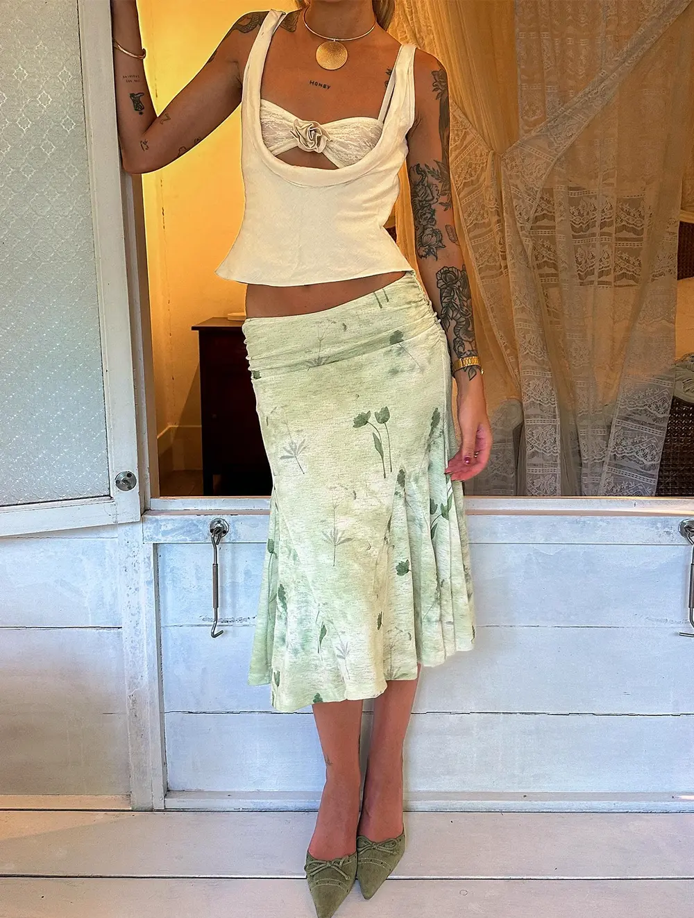 Lewish Low Rise Midi Skirt Green Floral