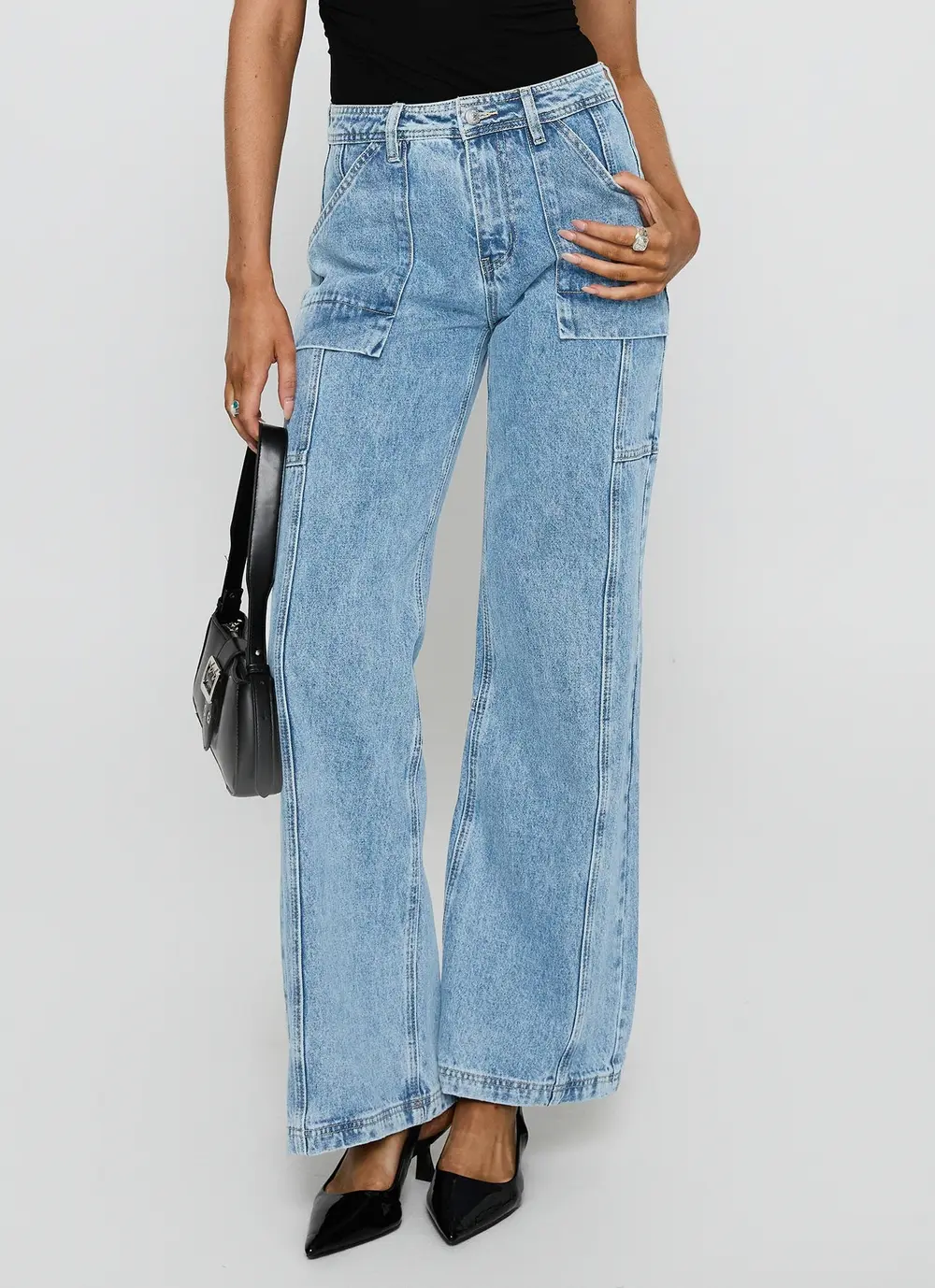 Chad Cargo High Rise Wide Leg Jeans Mid Wash