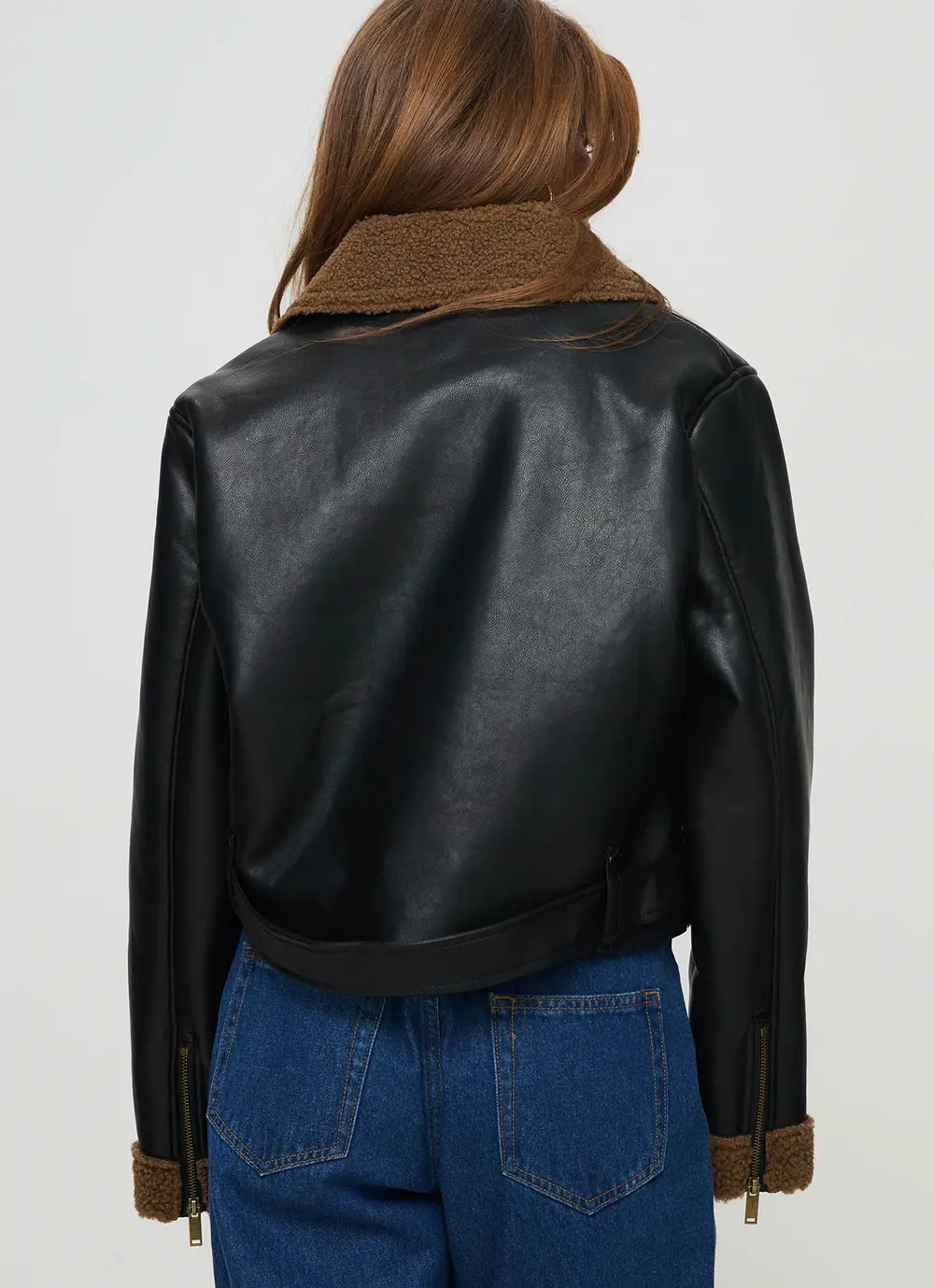 Shearling Trim Faux Leather Jacket Black