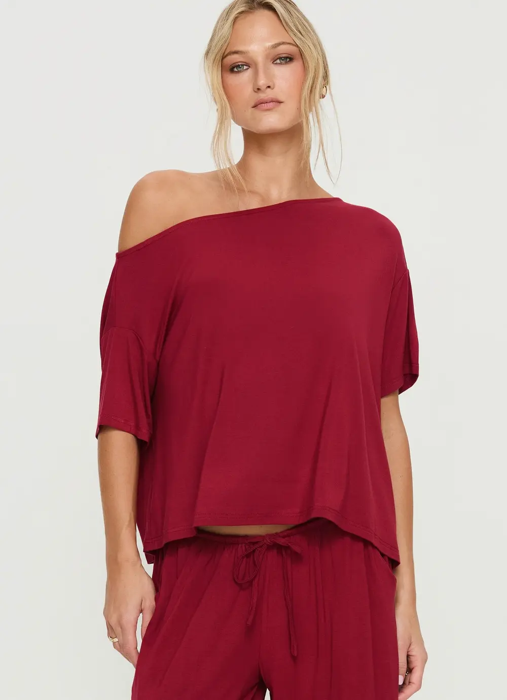 Cozy Hour Sleep Relaxed Off Shoulder Top Red