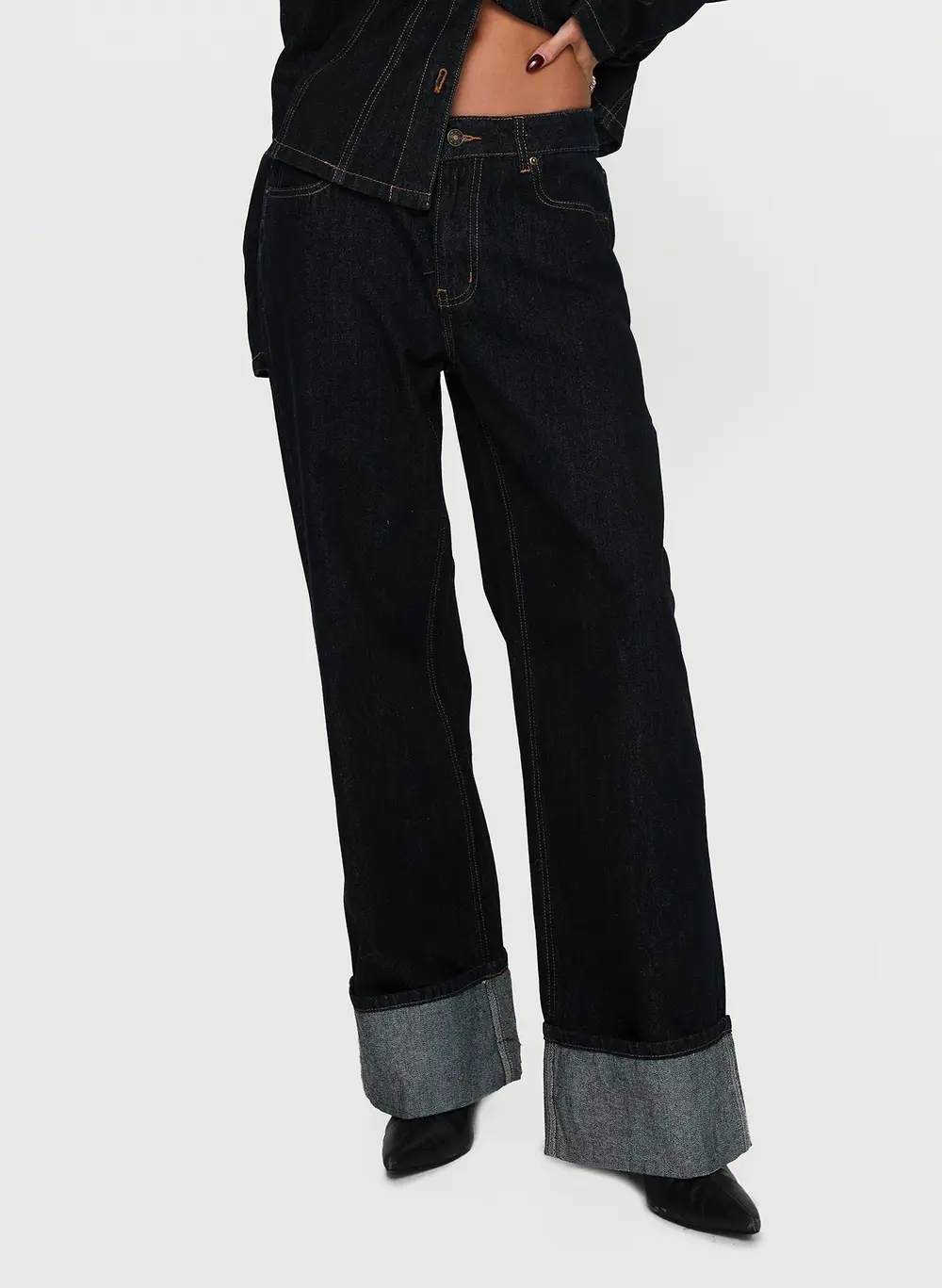 Top Model Low Rise Straight Leg Cuffed Jean Dark Denim