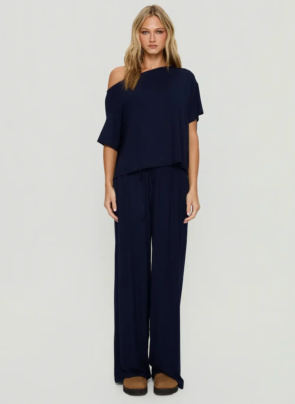 Cozy Hour Sleep Relaxed Off Shoulder Top Navy