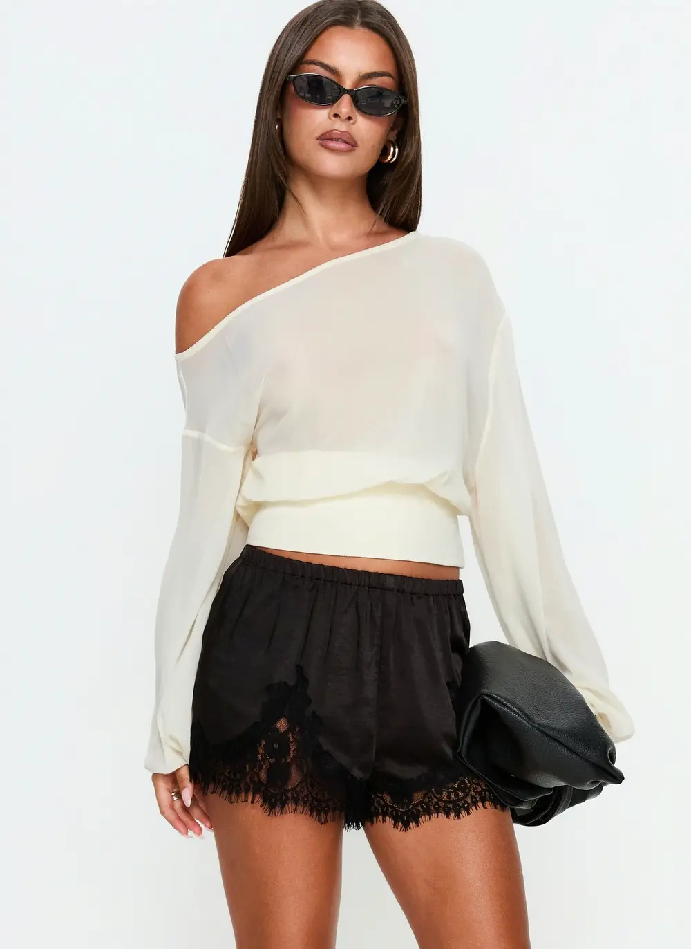 Parisse Satin Lace Trim Shorts Black