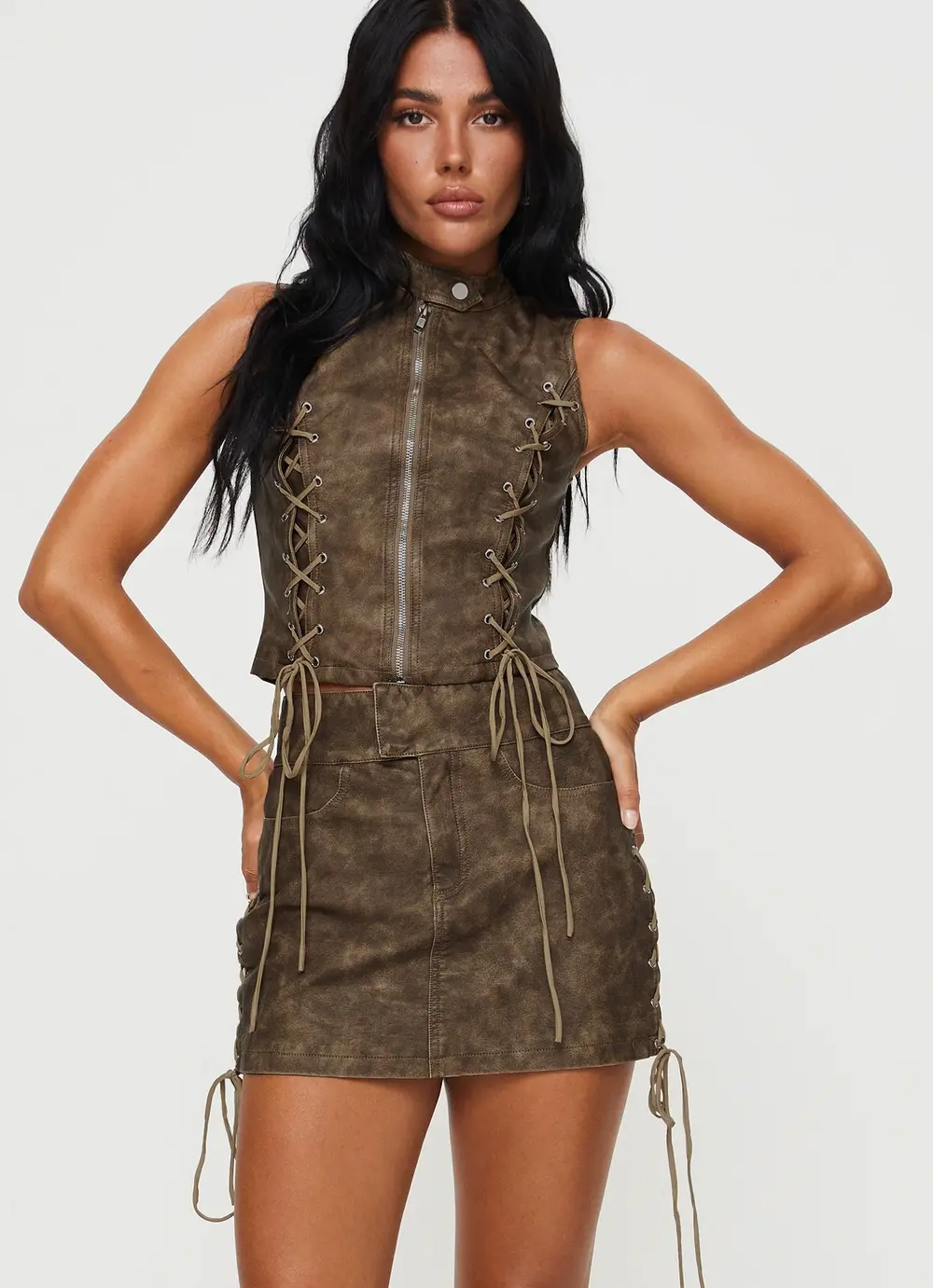 Ceejay Faux Leather Mini Skirt Brown