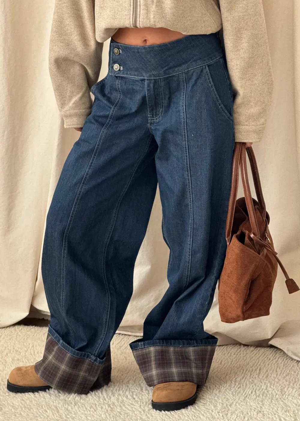 Nikoletta Foldover Jeans Dark Wash / Check