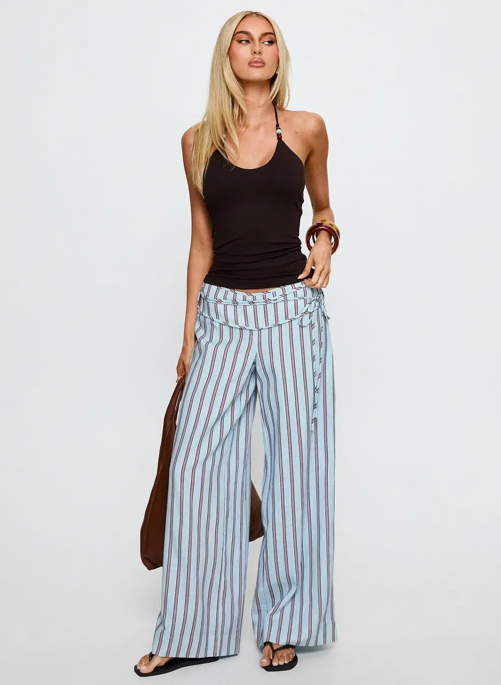 Silver Moon Linen Blend Tie Pants Blue / Maroon Stripe