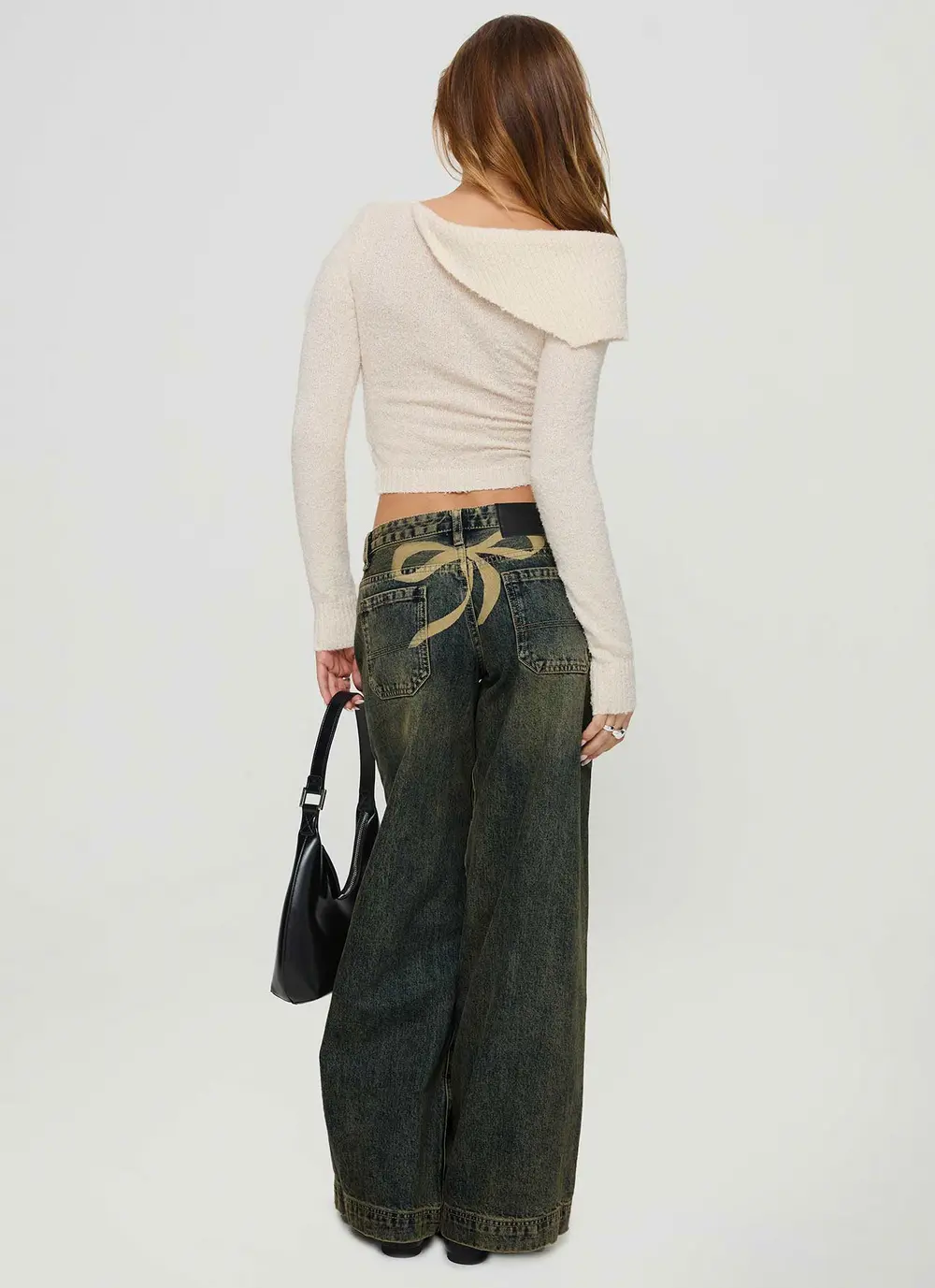 Ribbon Stamp Low Rise Wide Leg Jeans Antique Wash