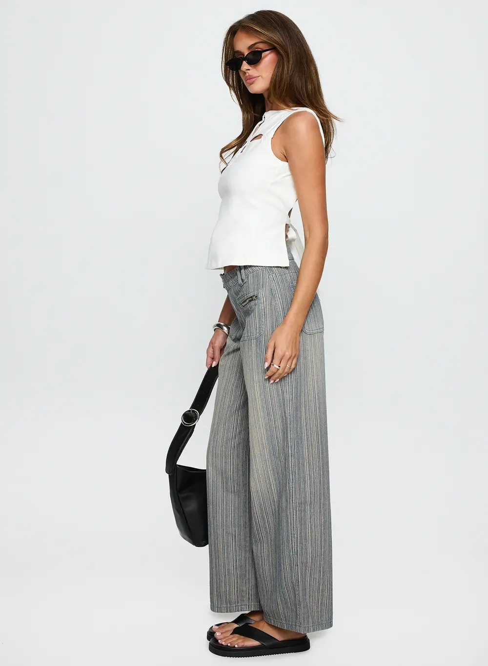 Lifetimes Mid Rise Wide Leg Cargo Jeans Dark Blue Stripe