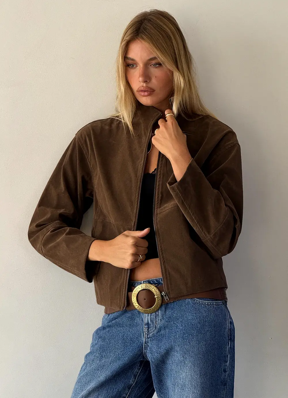 Jessalynn Faux Suede Zip Through Jacket Brown