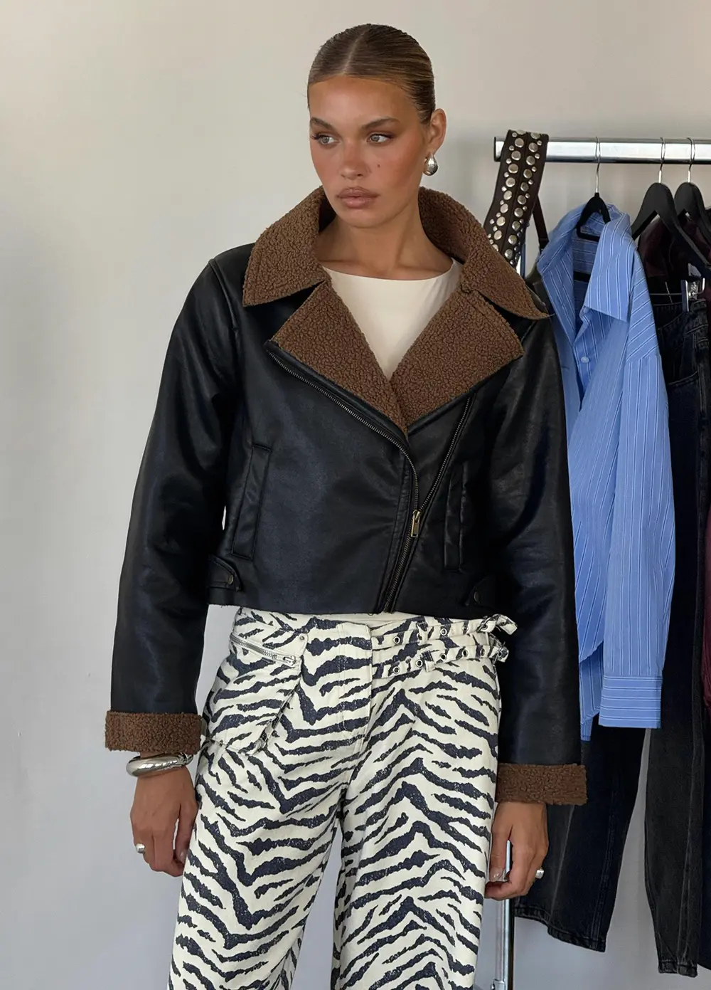 Shearling Trim Faux Leather Jacket Black