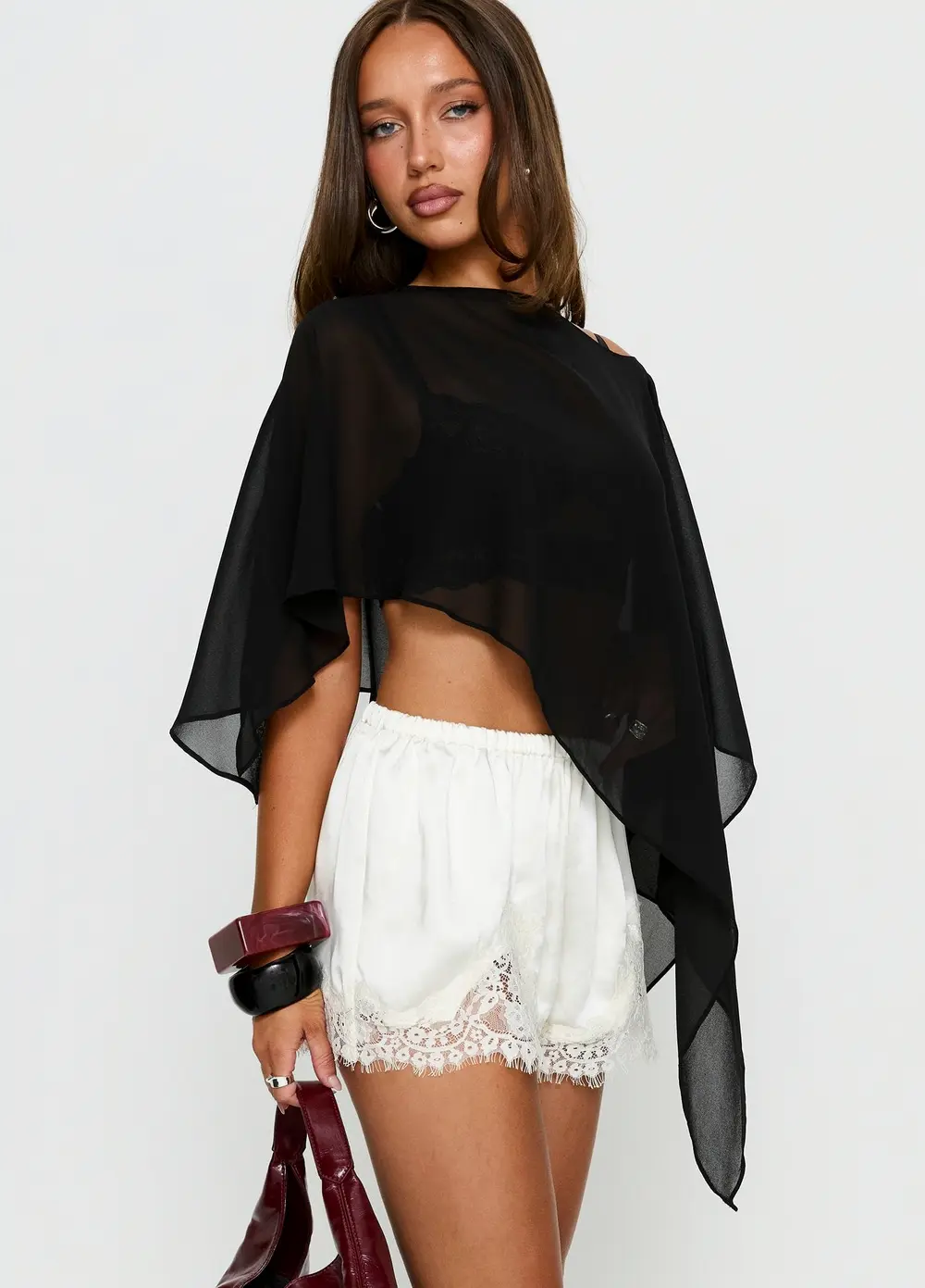 Parisse Satin Lace Trim Shorts Off White