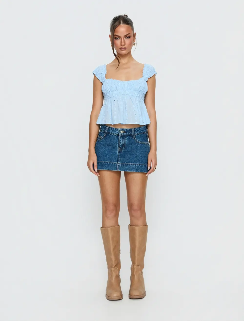 Warna Low Rise Denim Mini Skirt Mid Blue Wash