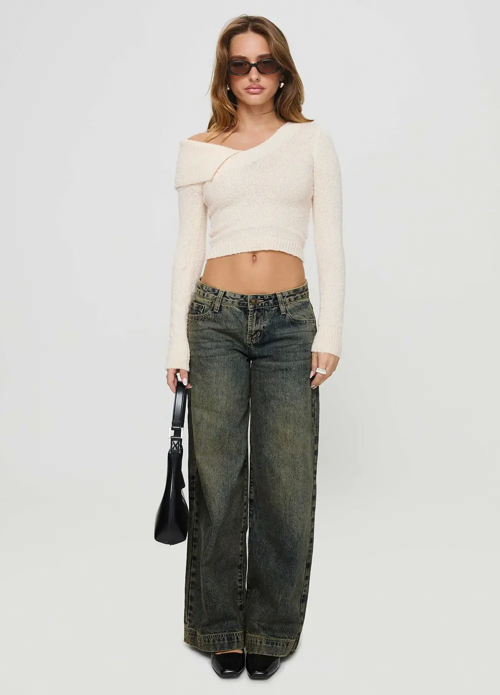 Ribbon Stamp Low Rise Wide Leg Jeans Antique Wash