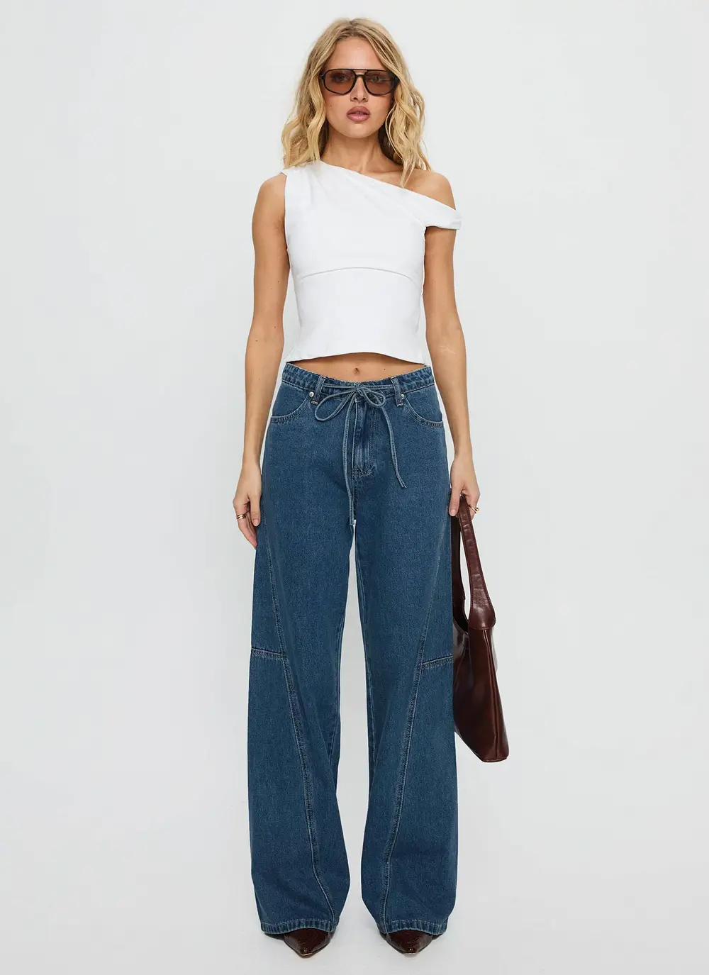 Bruiser Tie Waist Mid Rise Wide Leg Jeans Mid Blue Wash