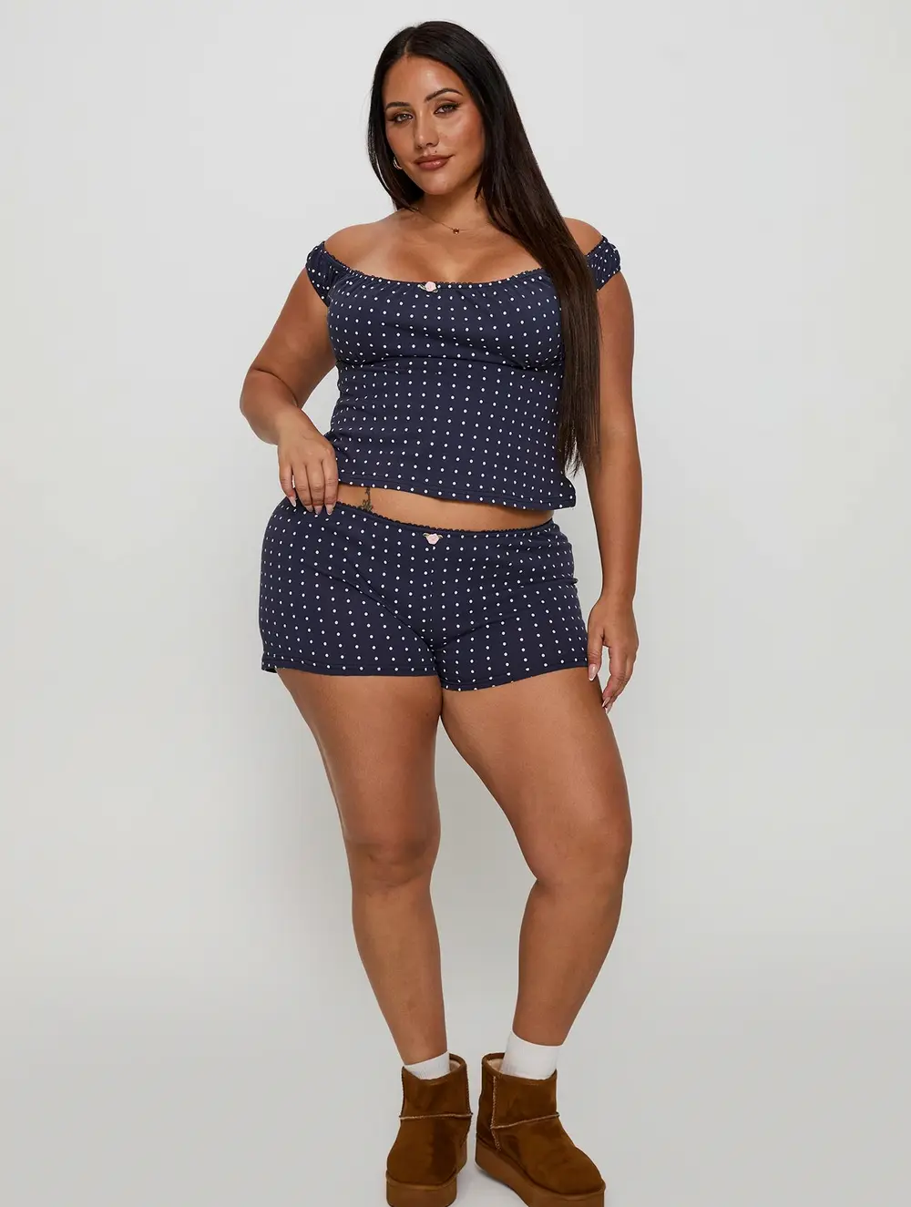 Drift Away Off The Shoulder Sleep Set Navy Dot Curve