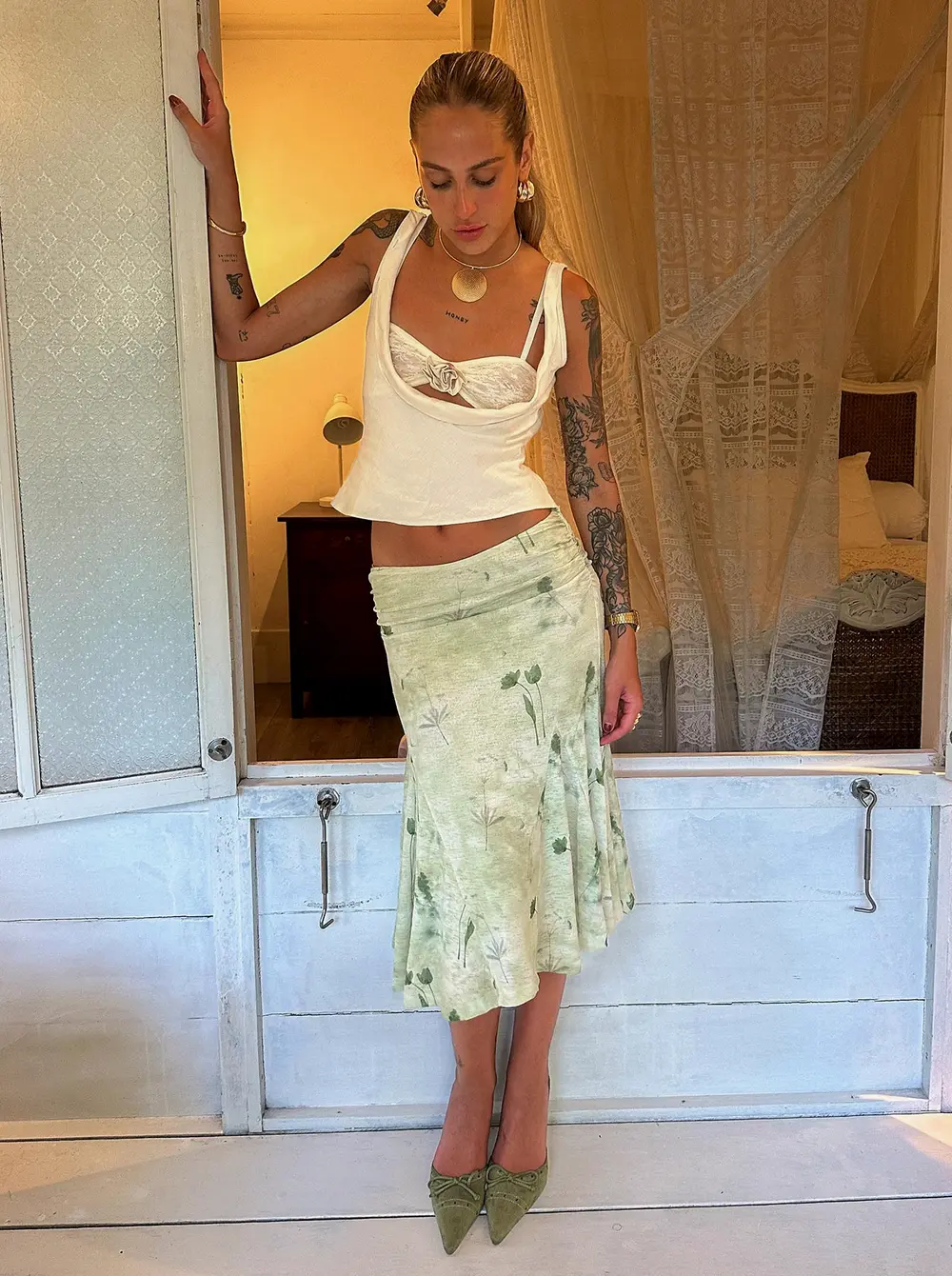 Lewish Low Rise Midi Skirt Green Floral