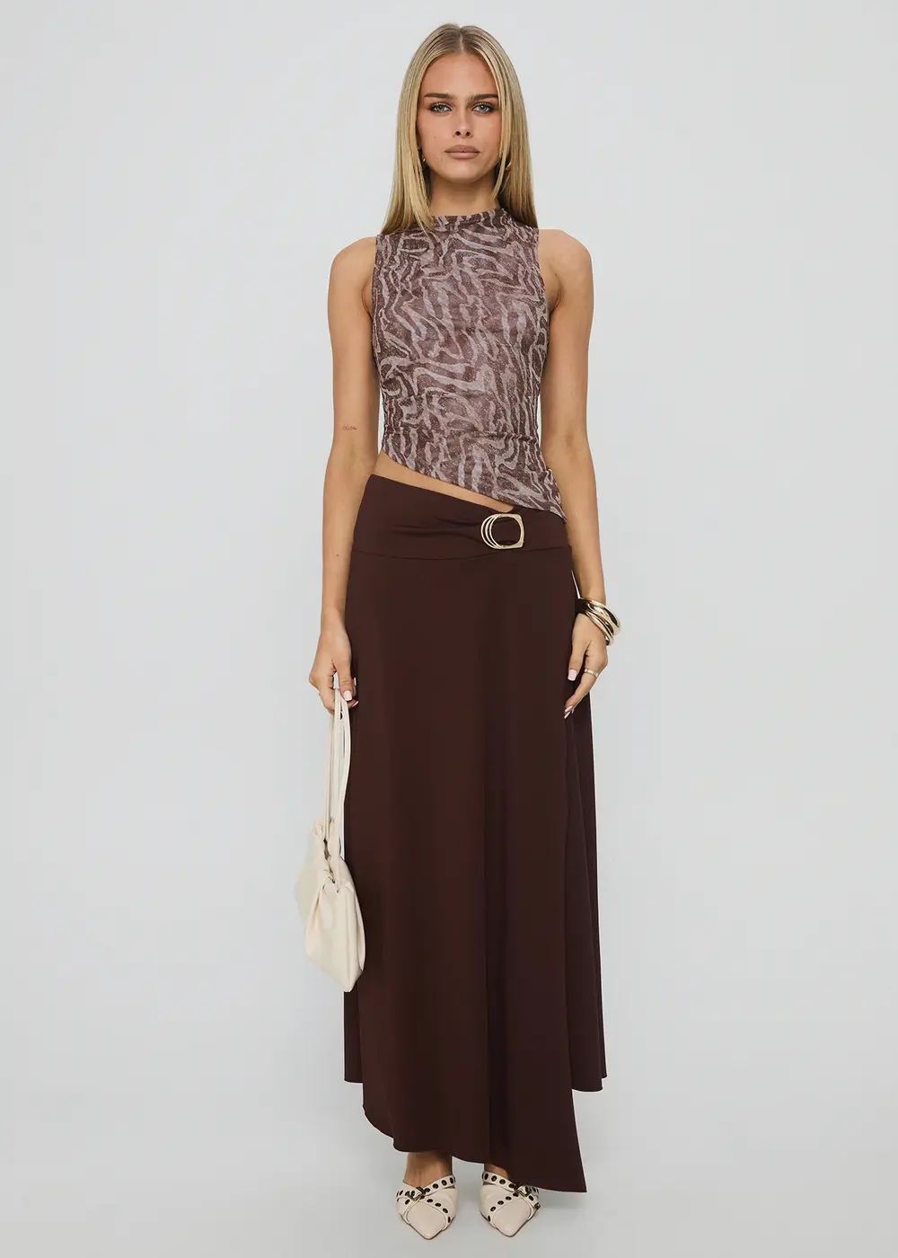 Nola Hardware Slit Maxi Skirt Brown