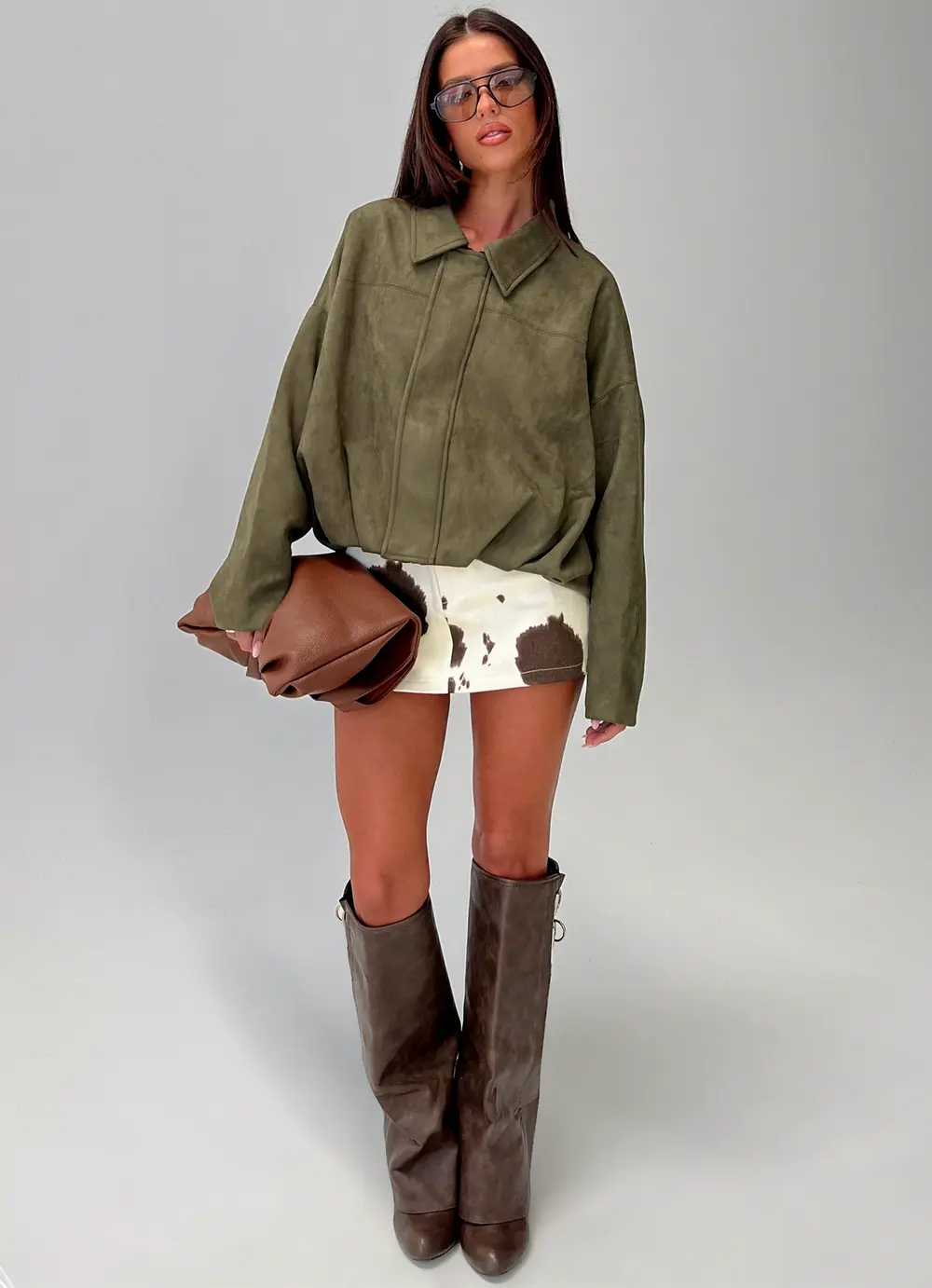 Enlightened Faux Suede Bomber Jacket Khaki