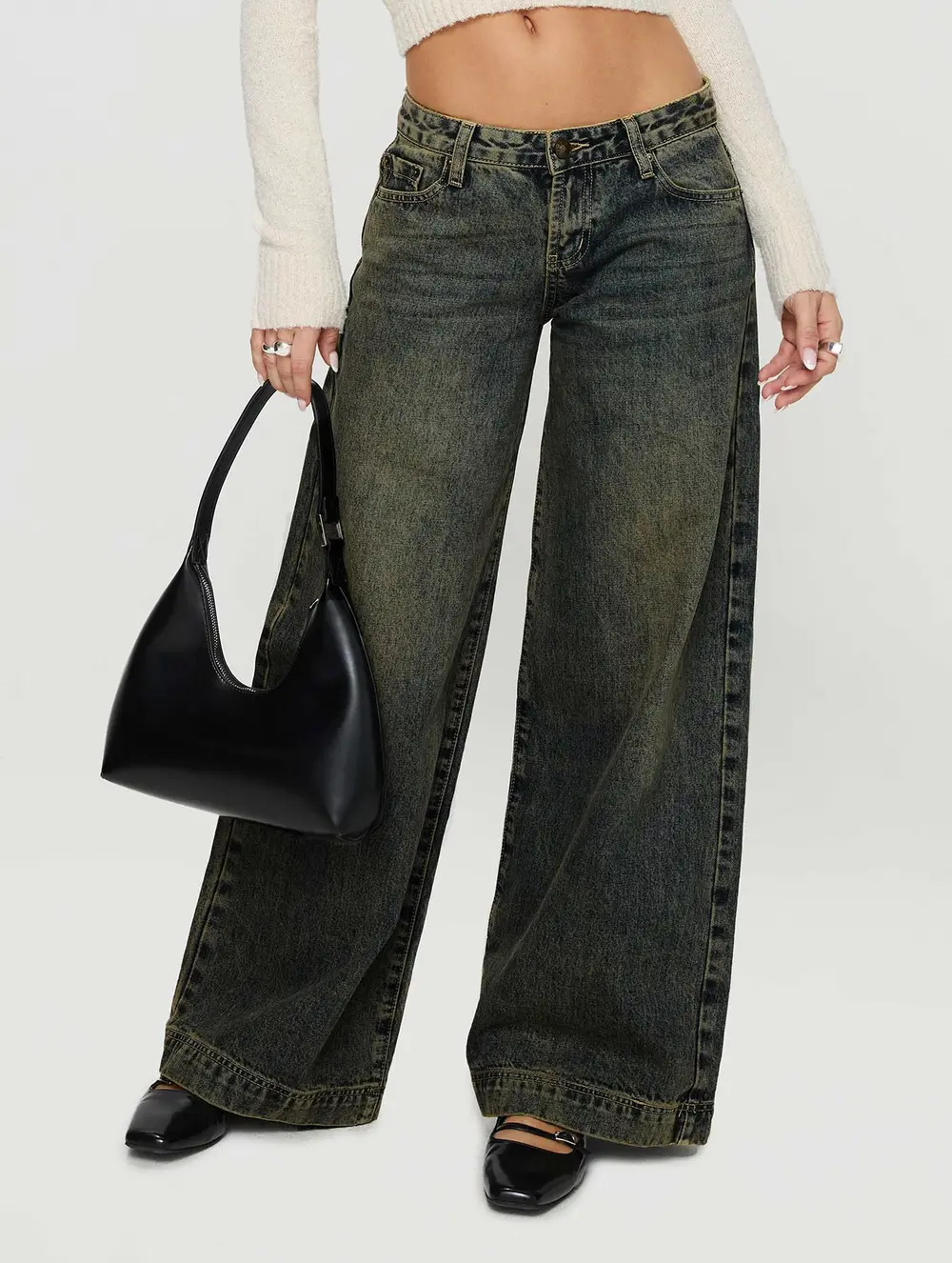 Ribbon Stamp Low Rise Wide Leg Jeans Antique Wash