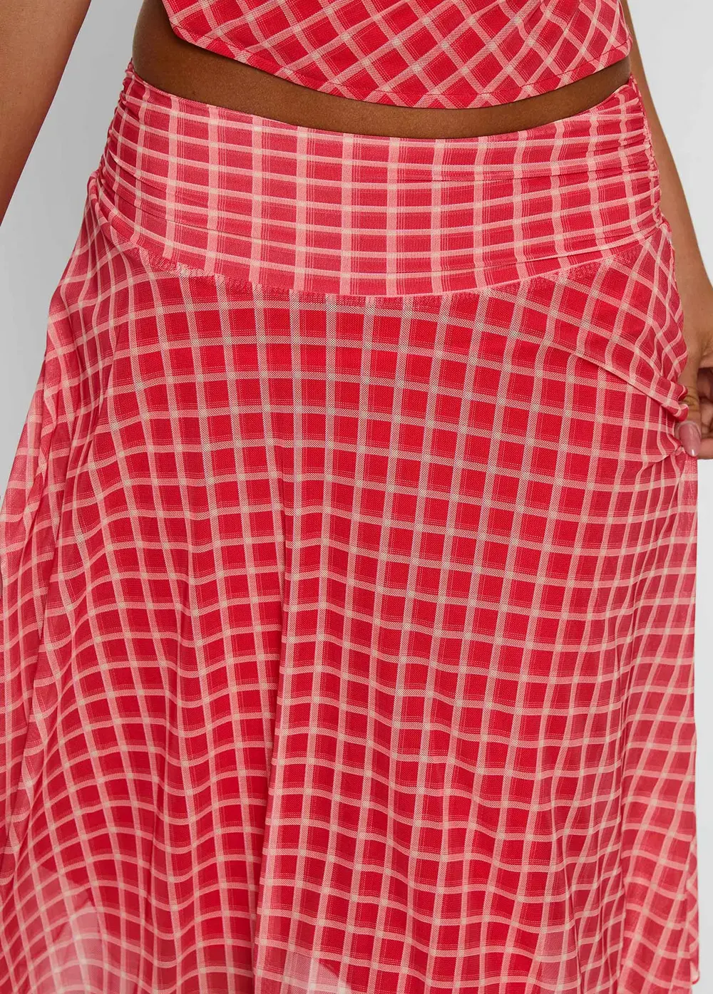 Scenic Route Asymmetrical Midi Skirt Red Check