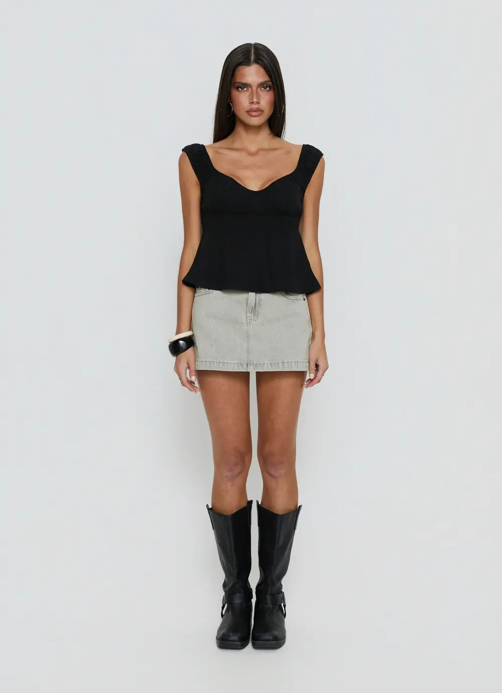 Nicolina Low Rise Denim Mini Skirt Washed Grey