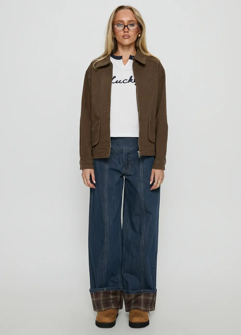 Nikoletta Foldover Jeans Dark Wash / Check