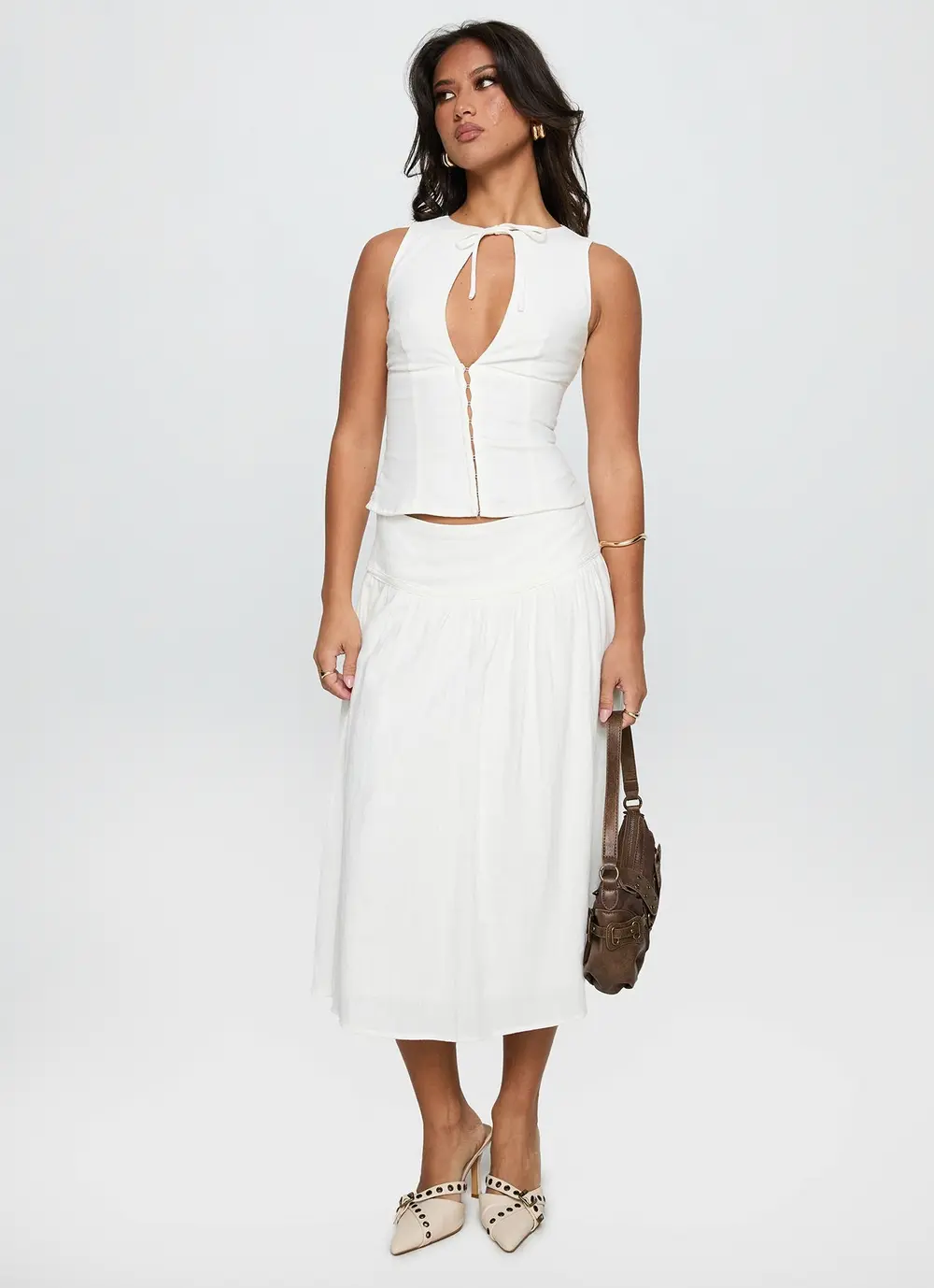 Heart Of Gold Linen Blend Midi Skirt White