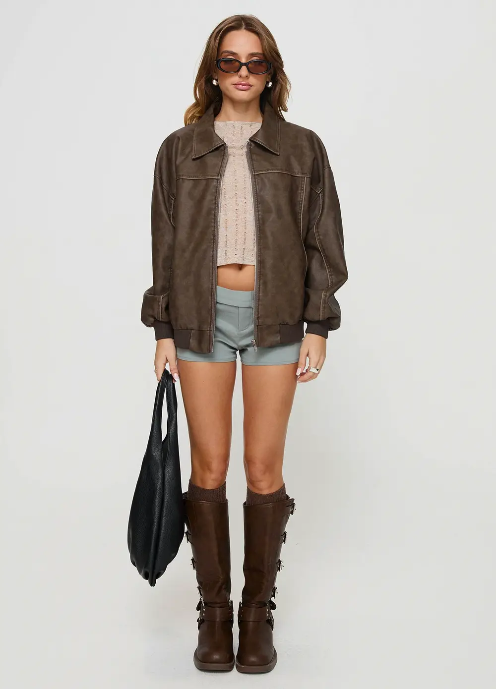 Goldsmith Faux Leather Bomber Jacket Washed Dark Brown