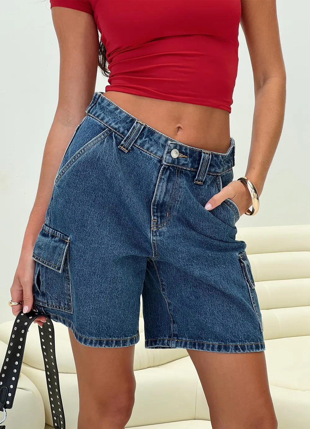 Mika Carpenter Denim Shorts Mid Wash