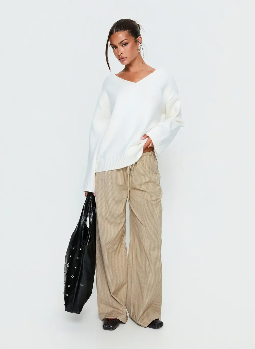 Ketrina Tie Waist Pants Beige Plaid