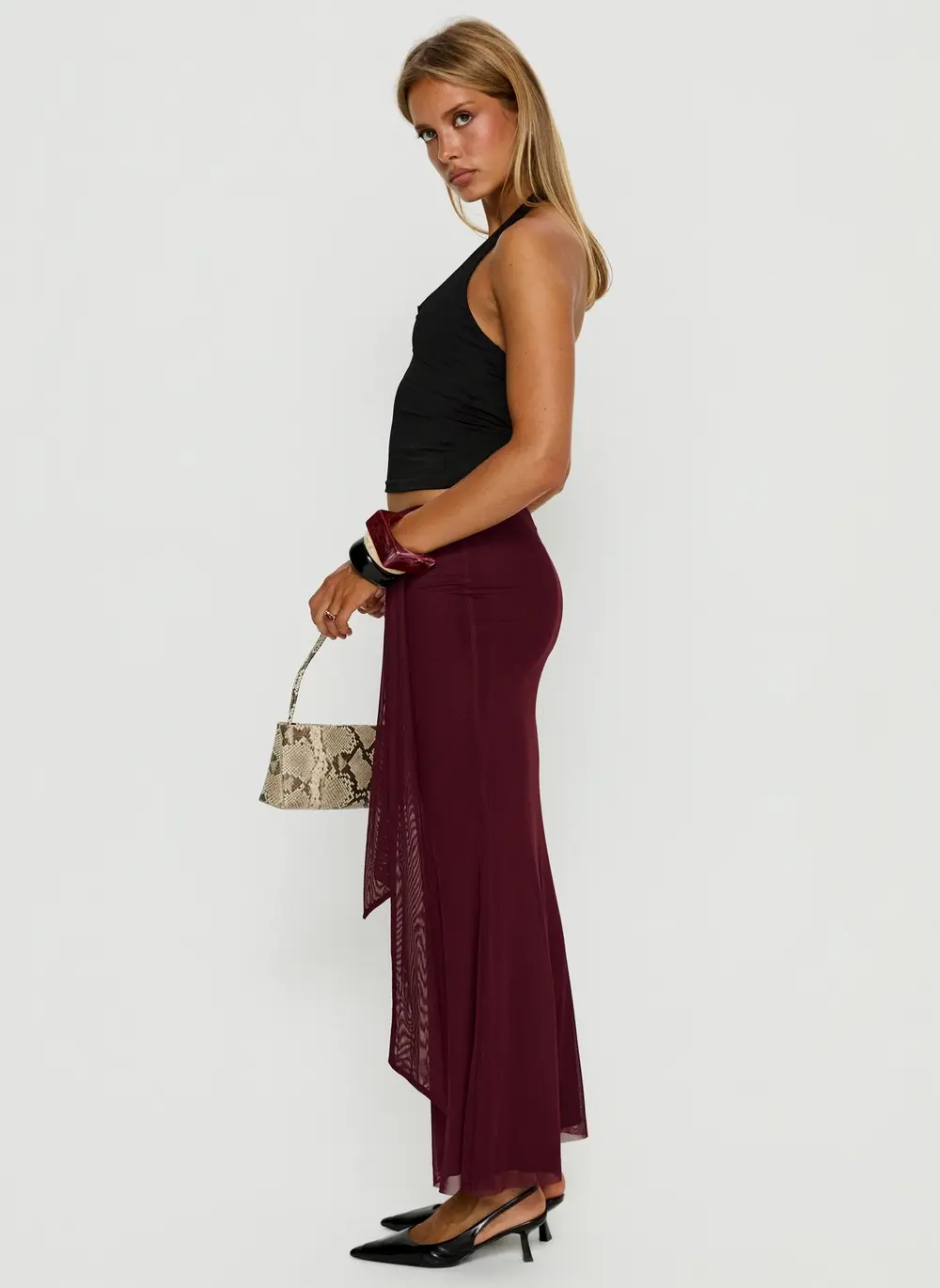 Caviar Tie Maxi Skirt Currant