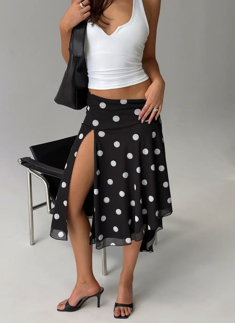 Dulciana High Split Asymmetrical Midi Skirt Black / Polka Dot
