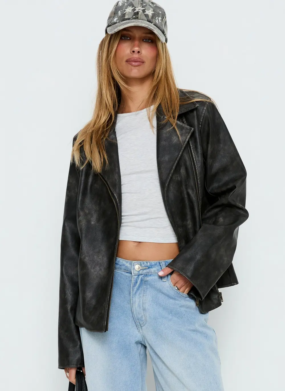 Vyolette Faux Leather Collared Jacket Washed Black