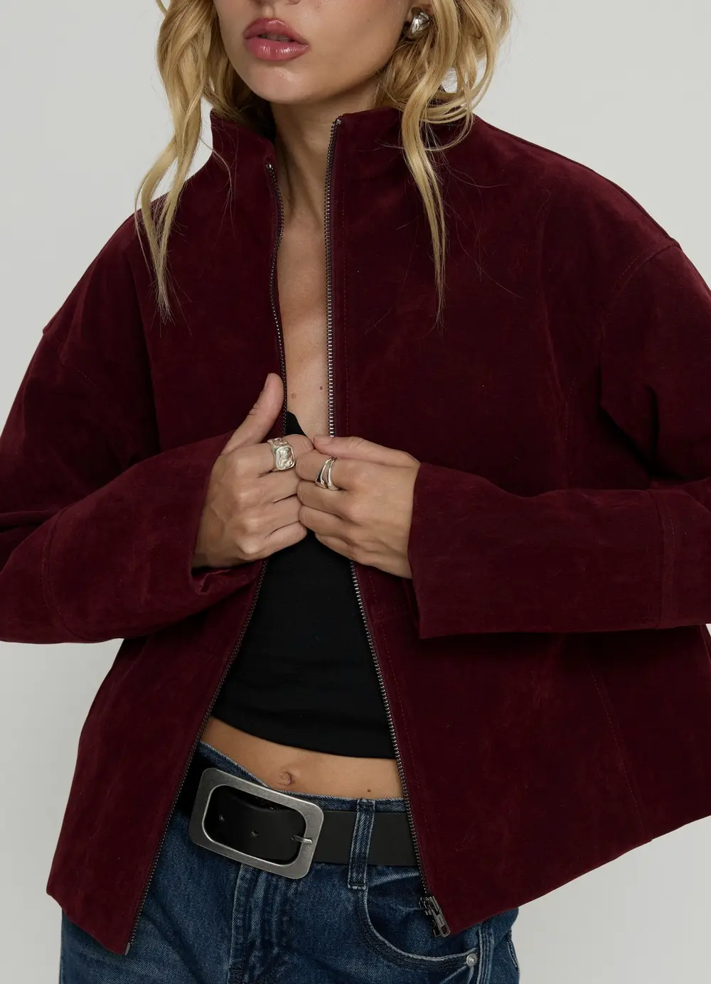 Jessalynn Faux Suede Zip Through Jacket Burgundy