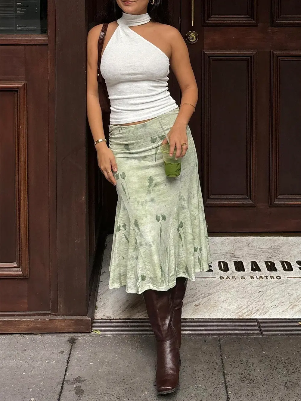 Lewish Low Rise Midi Skirt Green Floral