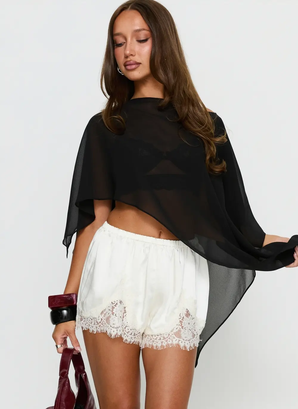 Parisse Satin Lace Trim Shorts Off White