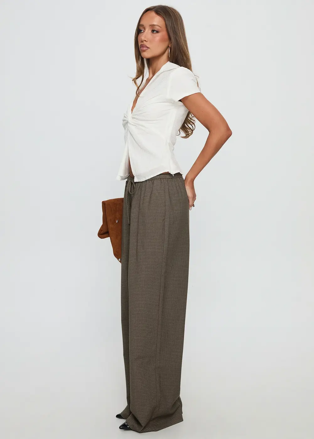 Ketrina Tie Waist Pants Brown Plaid