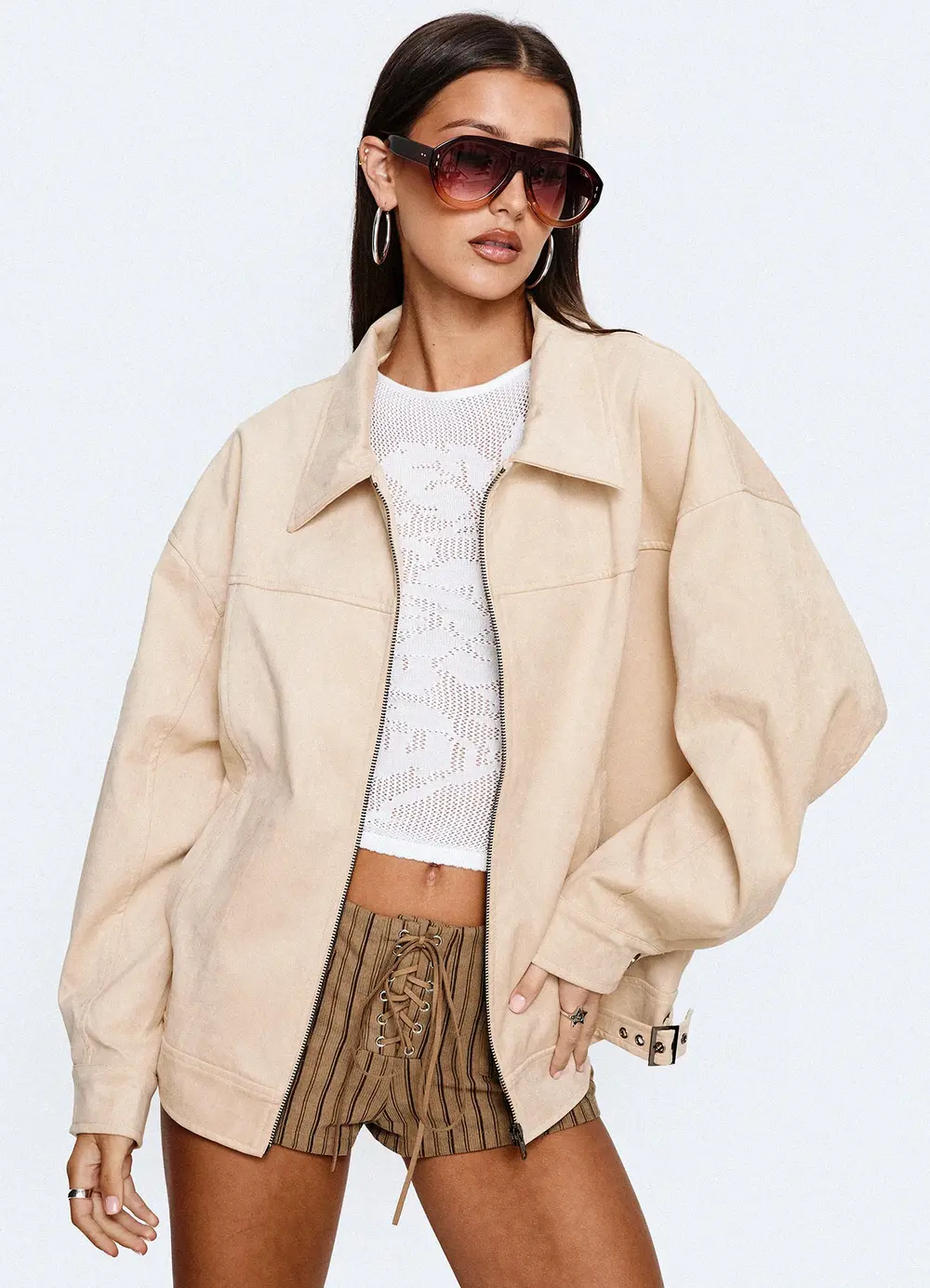Goldsmith Faux Suede Bomber Jacket Beige