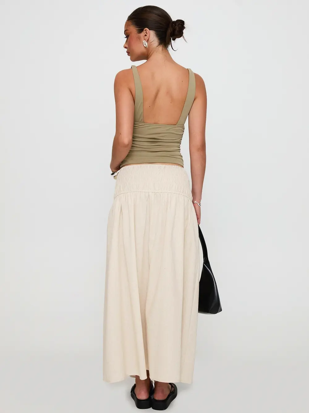 Small Towns Shirred Midi Skirt Beige