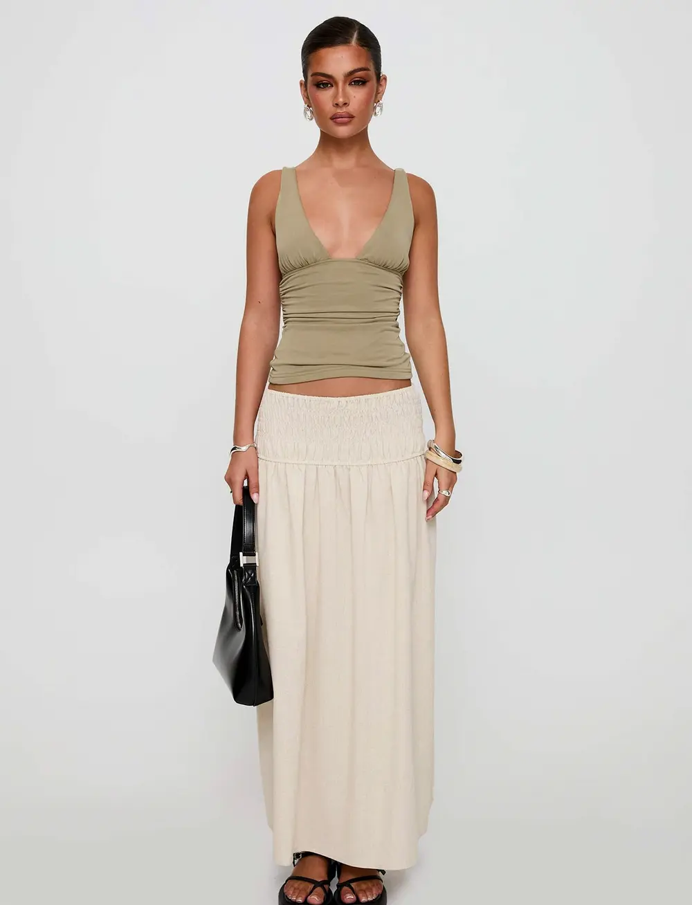 Small Towns Shirred Midi Skirt Beige