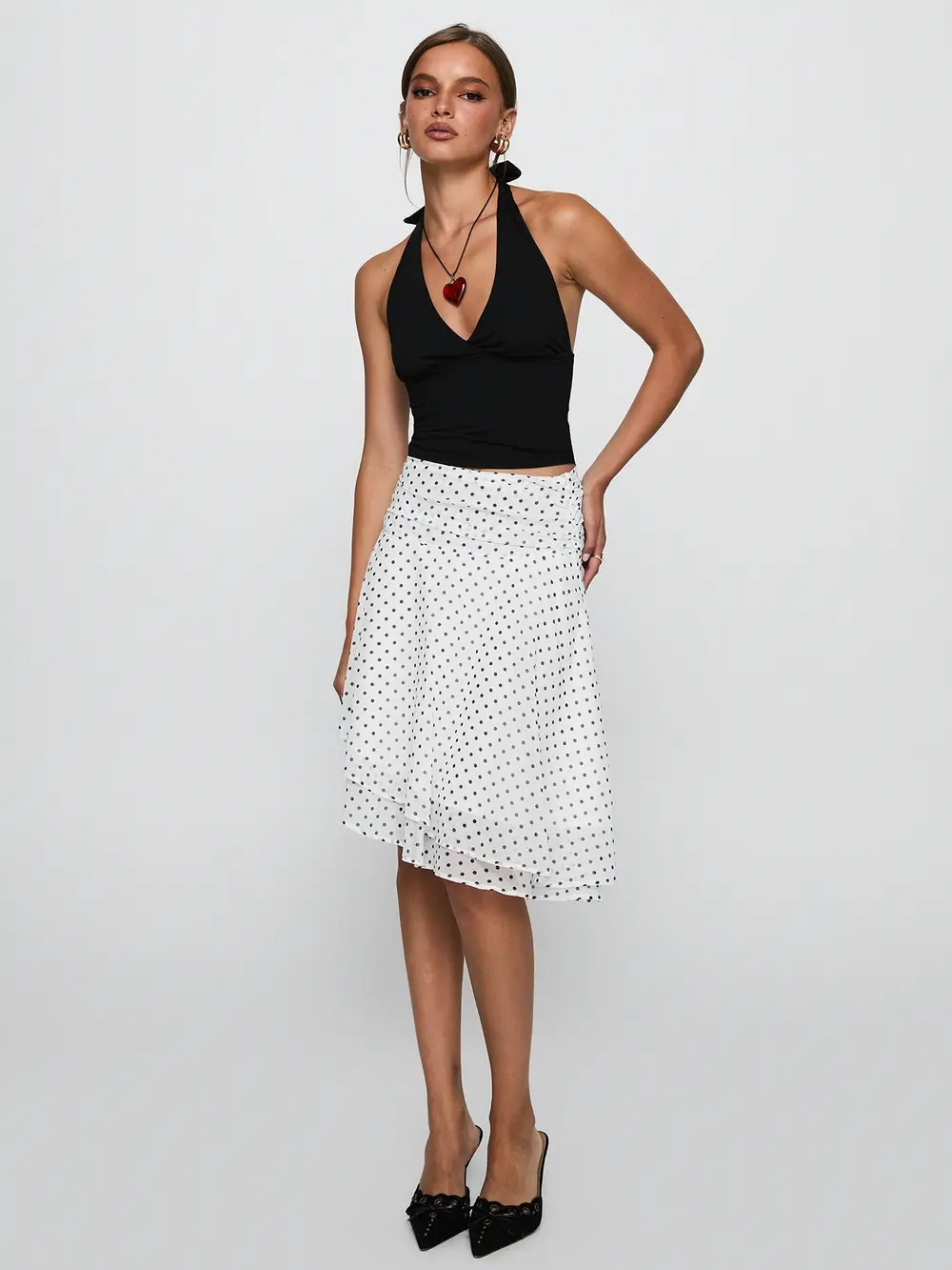 Evanescence Asymmetrical Midi Skirt White / Polka Dot