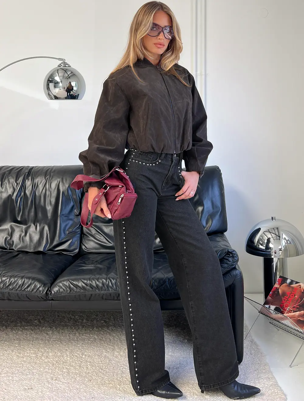 Saving Up Mid Rise Straight Leg Studded Jeans Jet Black