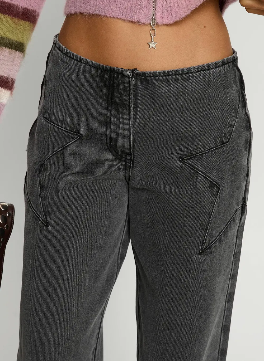 Dolley Star Stitch Mid Rise Wide Leg Jean Grey Wash