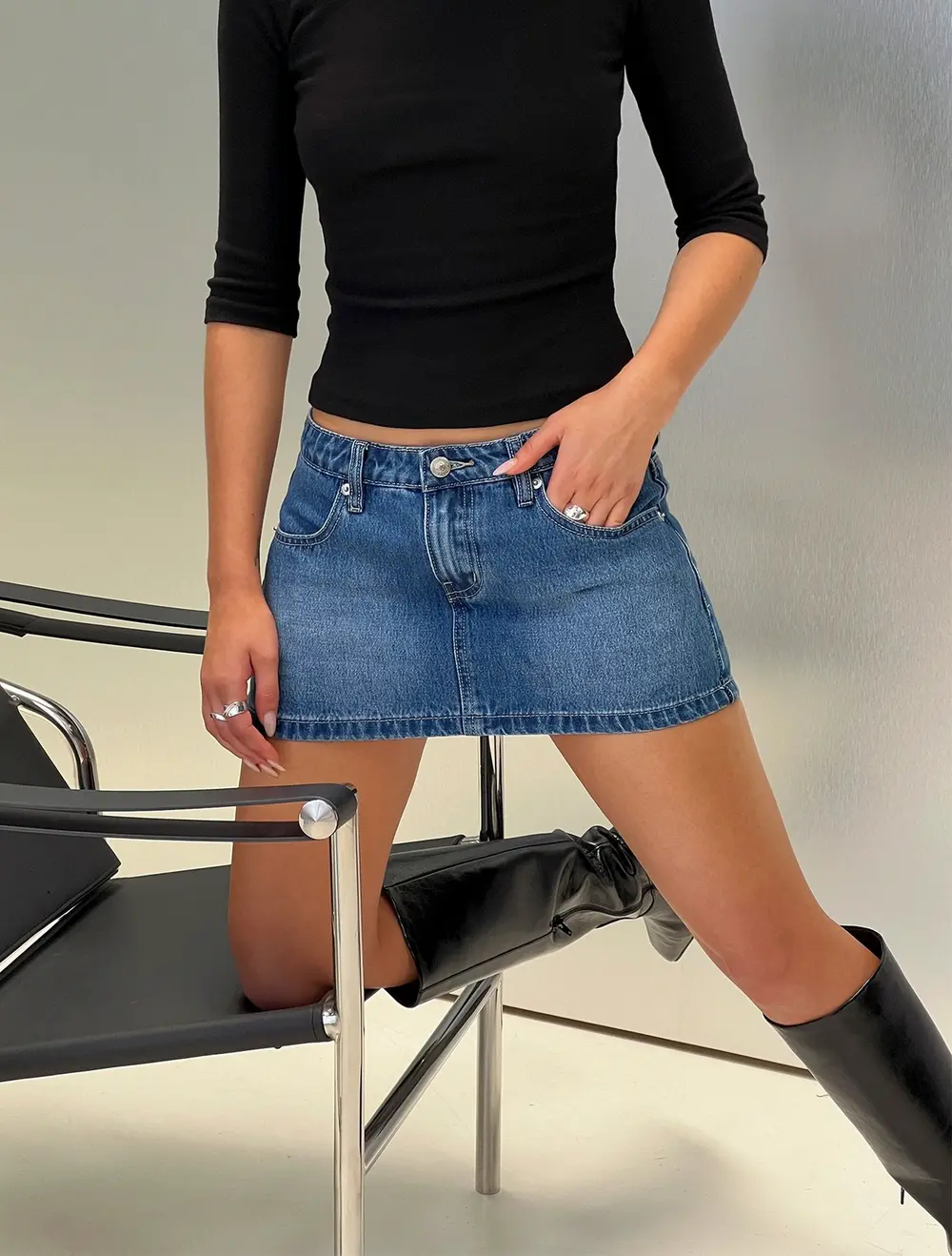 Baxon Low Rise Micro Denim Skort Mid Blue Wash