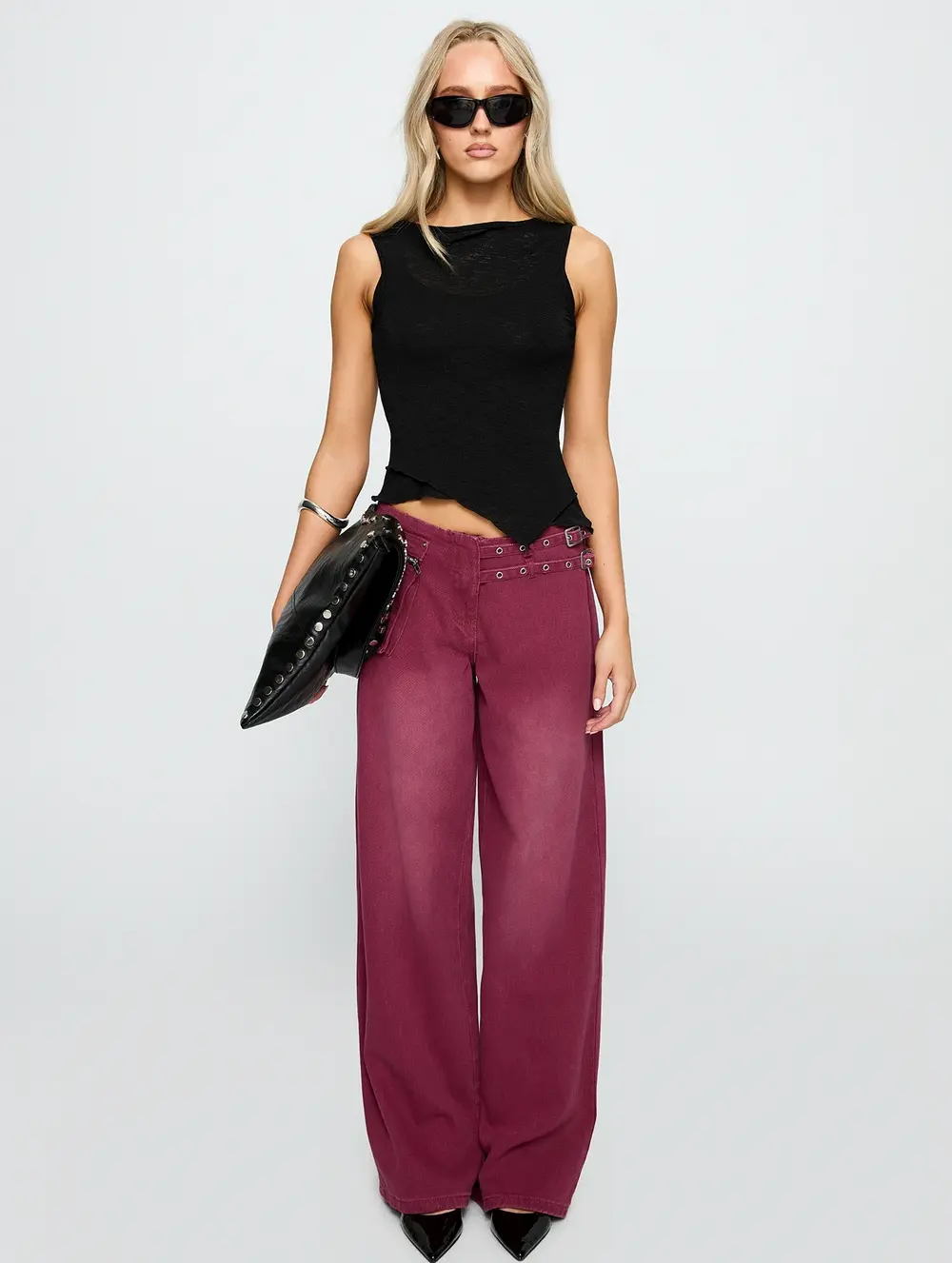 Paltrow Mid Rise Wide Leg Cargo Jeans Washed Burgundy