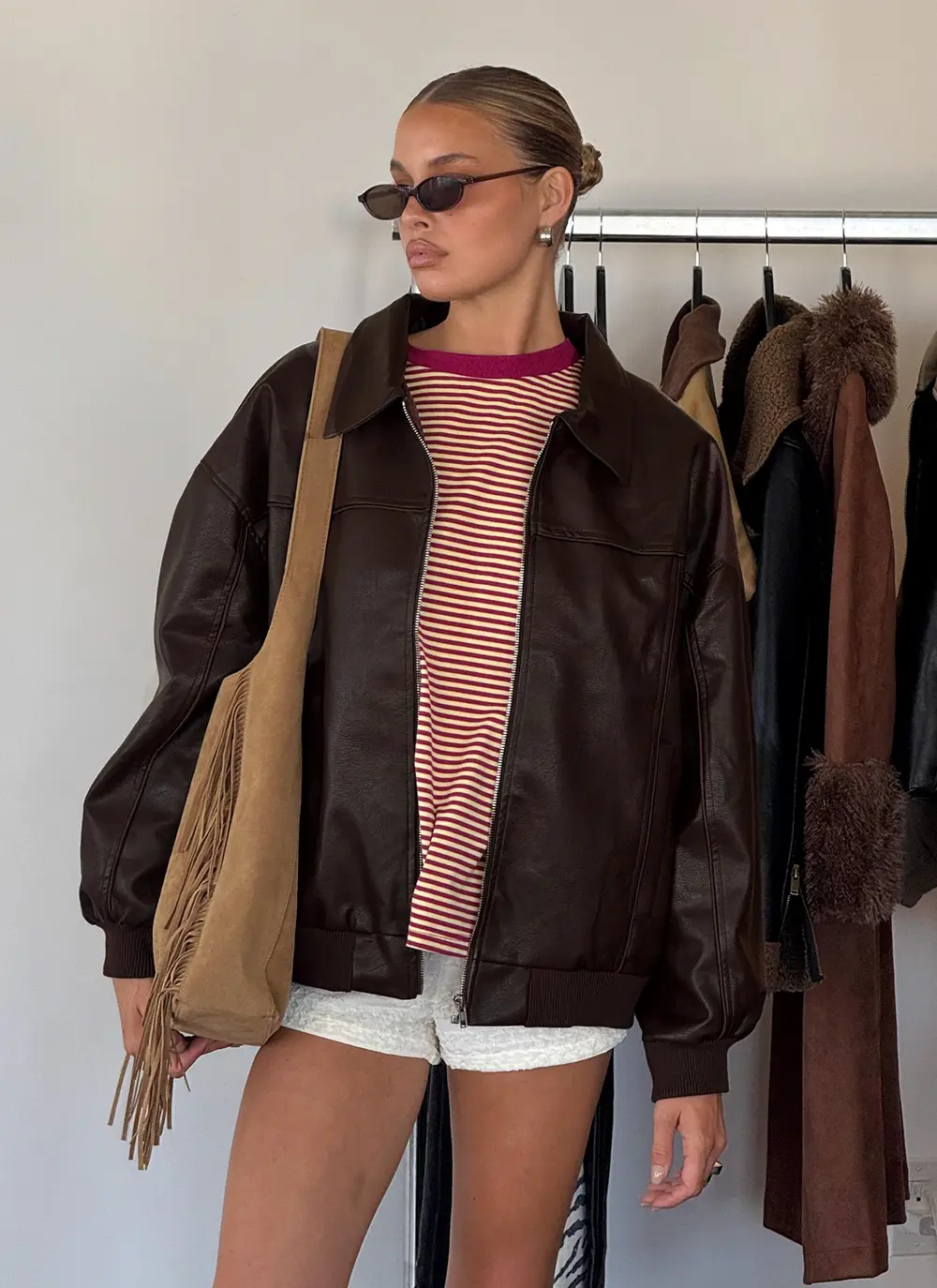 Goldsmith Faux Leather Bomber Jacket Brown