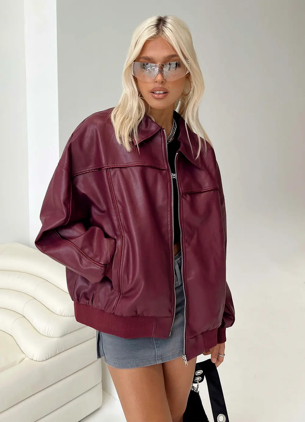 Goldsmith Faux Leather Bomber Jacket Burgundy