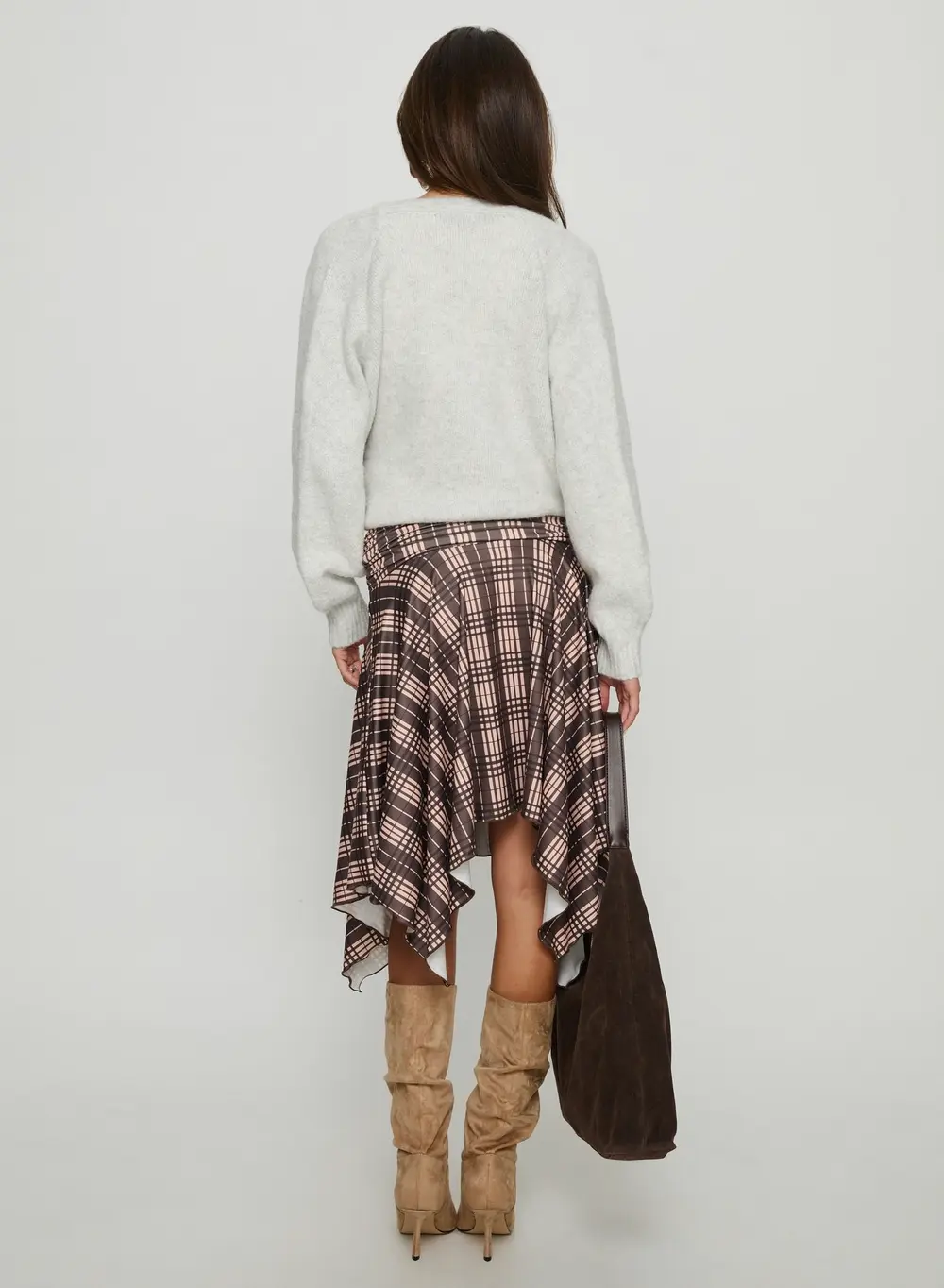 Scholar Asymmetrical Midi Skirt Brown Check