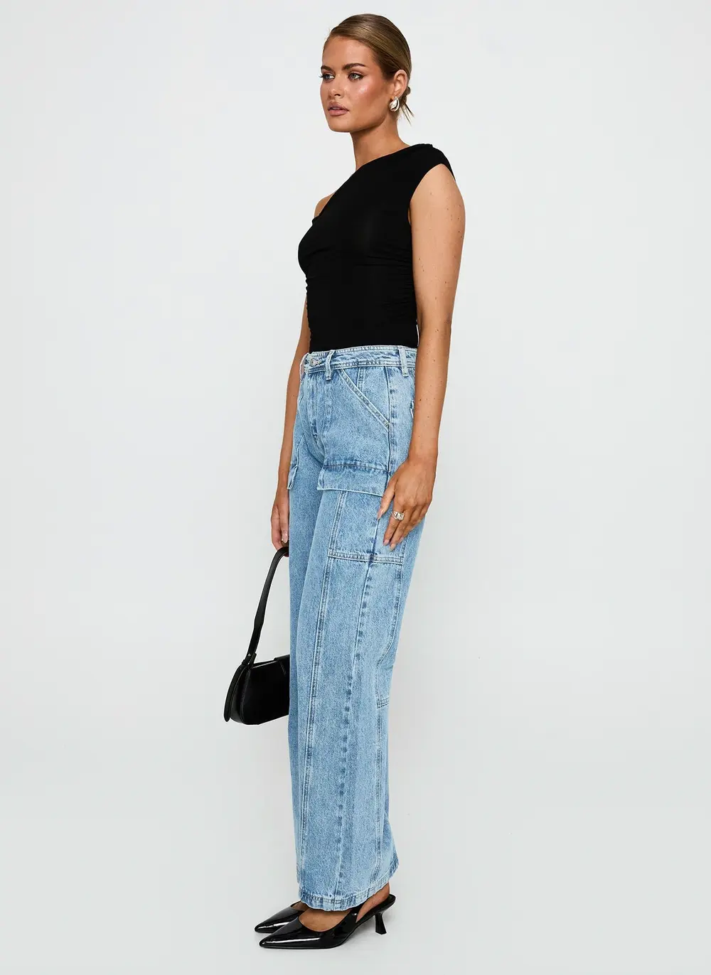 Chad Cargo High Rise Wide Leg Jeans Mid Wash