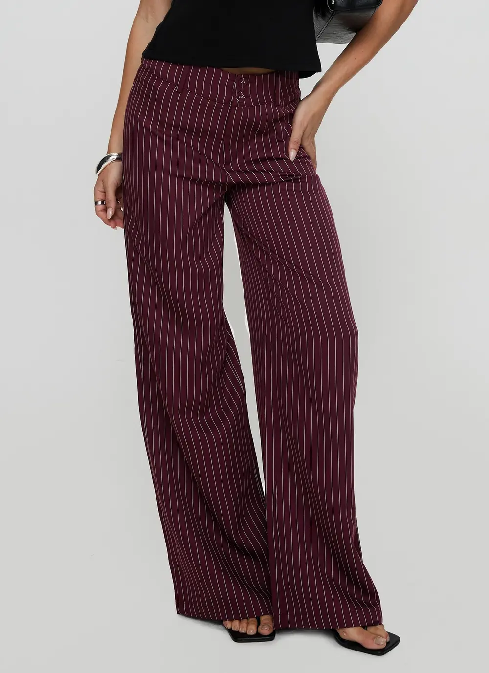 Lorenne Mid Rise Pant Burgundy Pinstripe